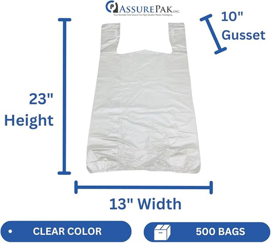 Easy Open - Stock T-Shirt Plastic Bag - Clear - 13"x10"x23" with handles – 500 Units – 14 Microns - 1/5 BBL – Perfect for Grocery Shopping and Store Purchases