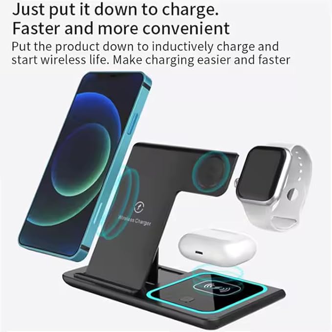 Multiple Devices Charging Station, Wireless Charger 3 in 1 Magnetic Wireless Charging Stand for iPhone 16/15/14/13/12/11/X, Samsung, and Many More with USB Cable, Apple Watch Series (Black)