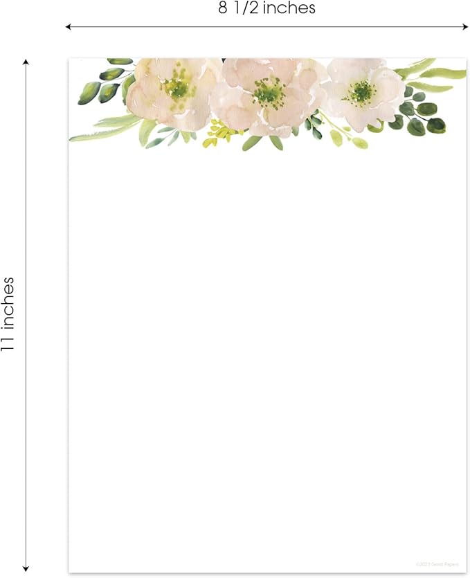 White Watercolor Pink Floral Letterhead / 50 Sheets / 8.5" x 11" Trendy Event Baby Shower Bridal Shower Wedding Paper/All Occasion Flower Decorative Stationery