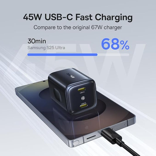 Baseus 45W USB C Charger, Dual Port PPS Fast Charging Block for iPhone 17/16/15 Series, iPad, Galaxy S25 Ultra and More Series