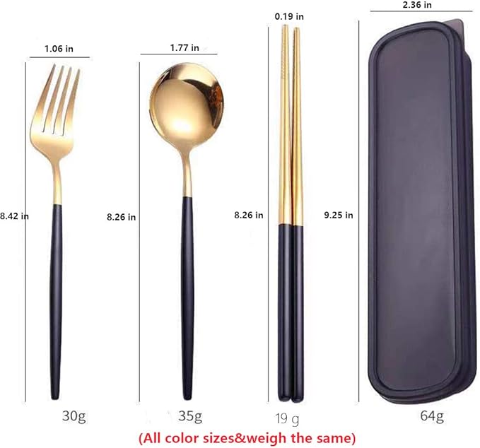 4 Pcs Portable Stainless Steel Tableware Set, Dishwasher Safe Reusable Flatware Cutlery Set, Include Fork Spoon Chopsticks with box (Golden green)
