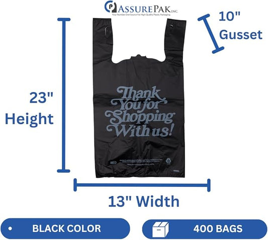 Black 'Thank You' HDPE T-Shirt Bags with Handles - 400 Bags – 1/5 BBL Size 13"x10"x23" – 21 Microns – Thank You Shopping Bags for Retail, Takeout, Restaurant Supplies