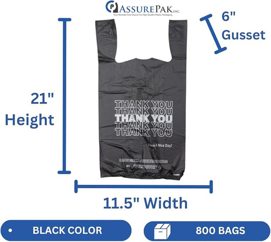 Easy Open - 800 Bags - Black Printed HDPE T-Shirt Bags - 1/6 BBL 11.5"X6"X21" - 13 microns - Black - Thank You Shopping Bags for Retail, Takeout, Restaurant Supplies – 208015STY-EO