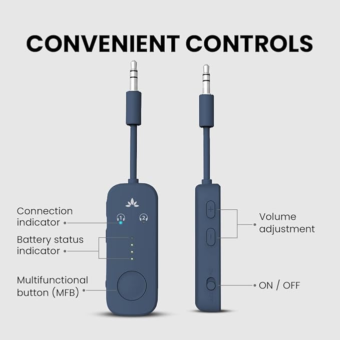 Avantree Relay - Airplane Bluetooth 5.3 Adapter with Qualcomm aptX Adaptive, Supports 2 AirPods or Headphones, 20Hr Playtime, 3.5mm AUX Wireless Audio Transmitter for Travel Flight, Airline, Gym