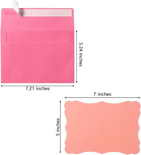 100 Pack A7 Envelopes with Blank 5 x 7 Cards Pink Self-Adhesive Business Envelopes Invitations Cards Envelopes (5 Colors Pink, A7)