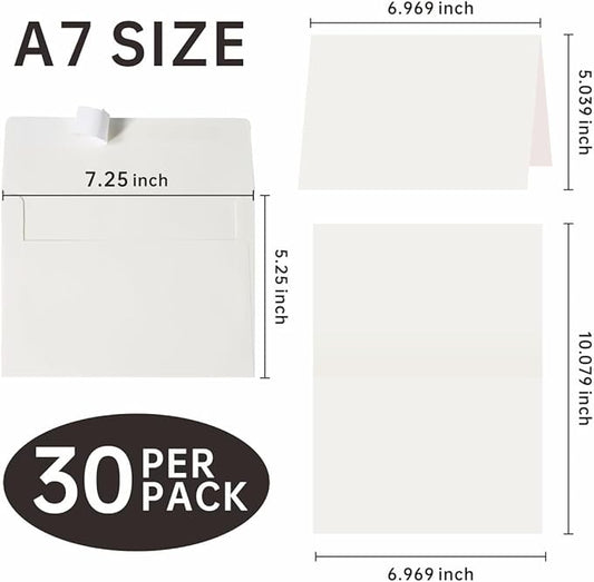 Blank Cards and Envelopes 5x7, 30 Pack Cream White Invitation Folded Cardstock with 30 Matching Self-Seal Cream A7 Envelopes, Thank You Blank Greeting Cards, for DIY, Print Custom, Wedding & Birthday