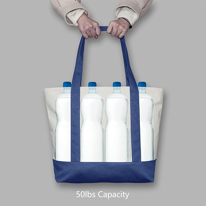 TOPDesign 3-Pack Canvas Tote Bags with an External Pocket, Reusable Grocery Shopping Bags, Top Zipper Closure, Daily Essentials (Blue/Natural)