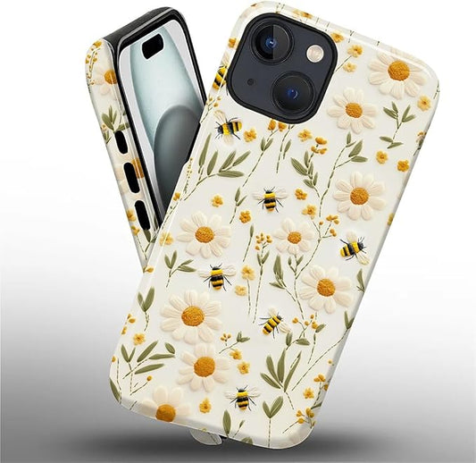 Case for iPhone 15 Plus Case,Bees Sunflowers Design - Hybrid Dual Protection Silicone + Hard PC Shockproof Full Body Cover Slim Anti-Scratch Protective Case for Men Women