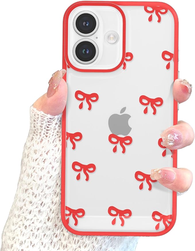 EYZUTAK Case for iPhone 16, Clear Cute Ribbon Bowknot Pattern Aesthetic Transparent Phone Case Raised Camera Protection Stylish Slim Soft Durable TPU Protective Cover for Women Girls - Red