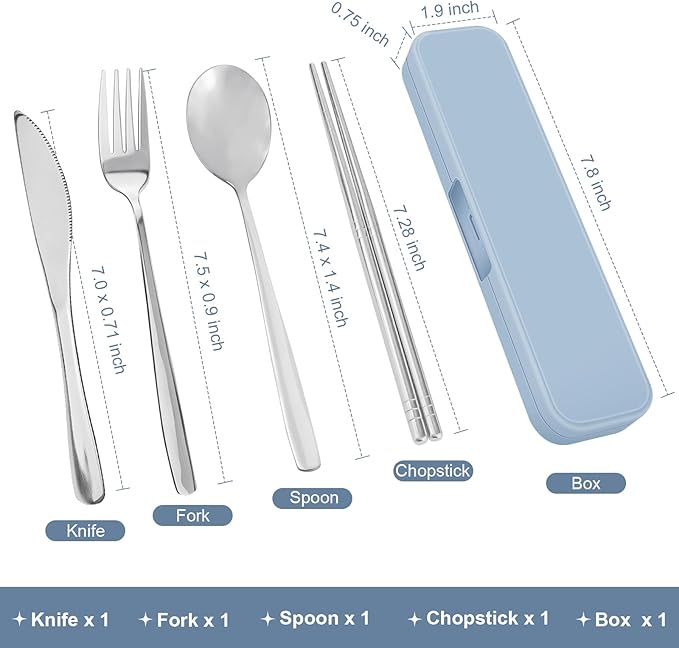 5 Piece Rsiynax Portable Travel Utensils Set with Case, Premium 304 Stainless Steel Camping Utensils Set, Reusable Silverware for Camping, Lunch, Work, School, etc, Easy to Clean (Silver)