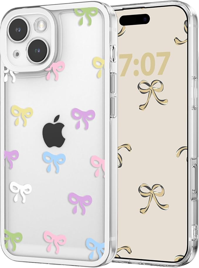 EYZUTAK Case for iPhone 13, Clear Cute Ribbon Bowknot Pattern Aesthetic Transparent Phone Case Raised Camera Protection Stylish Slim Soft Durable TPU Protective Cover for Women Girls - Colorful