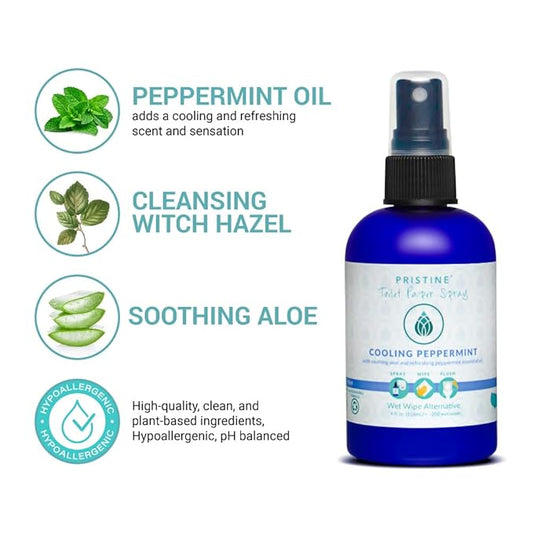 PRISTINE Toilet Paper Spray - As Seen on Shark Tank, More Natural Flushable Wet Wipes Alternative, Spray Toilet Paper to Create Flushable Wipe, Cooling Peppermint, 1 fl oz Travel Size