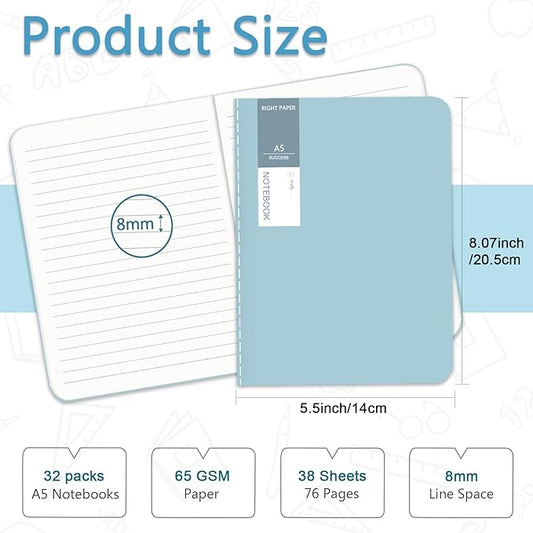 32 Pack A5 Colorful Notebooks Bulk, 8x5.5 Inches Lined Paper Travel Journaling Notebooks with 4 Colors, Composition Notebook for School Office Supplies, 38 Sheets 76 Pages