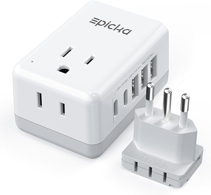EPICKA US to Italy Travel Adapter, Universal Plug Adapter with 2 US Outlets, 3 USB-A & 2 USB-C Ports, Ultra Compact Swap&Adapt Type L Plug Attachment, Grounded Adapter for Chile, Cuba & Syria (X232L)