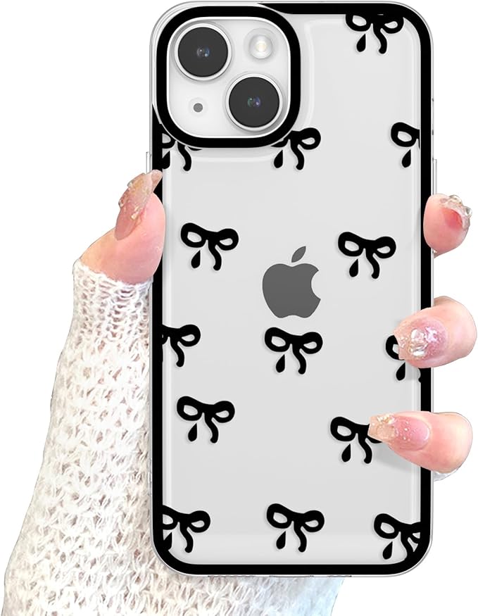 EYZUTAK Case for iPhone 15, Clear Cute Ribbon Bowknot Pattern Aesthetic Transparent Phone Case Raised Camera Protection Stylish Slim Soft Durable TPU Protective Cover for Women Girls - Black