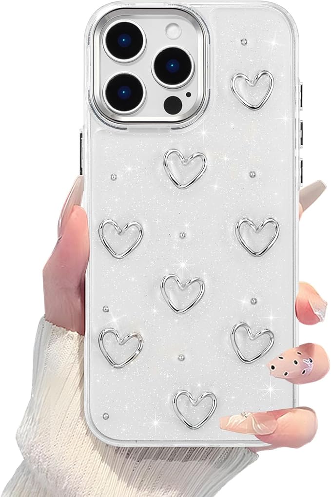 EYZUTAK Case for iPhone 16 Pro Max, Bling Glitter 3D Hearts Phone Case Cute Sparkly Crystal Clear Heart Aesthetic Design Case Slim Soft Durable TPU Transparent Protective Cover for Women Girls - Heart