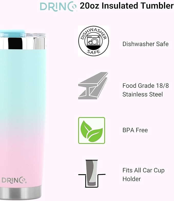 Drinco - 20 oz Stainless Steel Tumbler | Double Walled Vacuum Insulated Mug With Lid, 2 Straws, For Hot & Cold Drinks (20oz Macaron, 20oz)