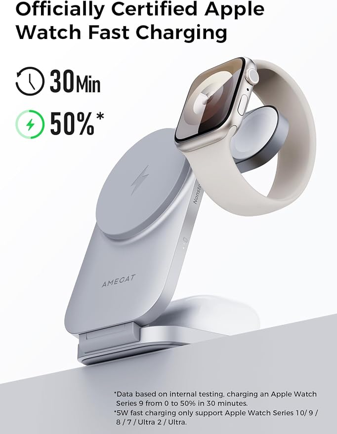 MagFusion Z 3-in-1 Charging Station Compatible with MagSafe, 15W Wireless Foldable Charger Qi2 Certified, Magnetic Charger for iPhone 17/16/15/14/13/12, AirPods 4/3/2/Pro, Apple Watch, Silver