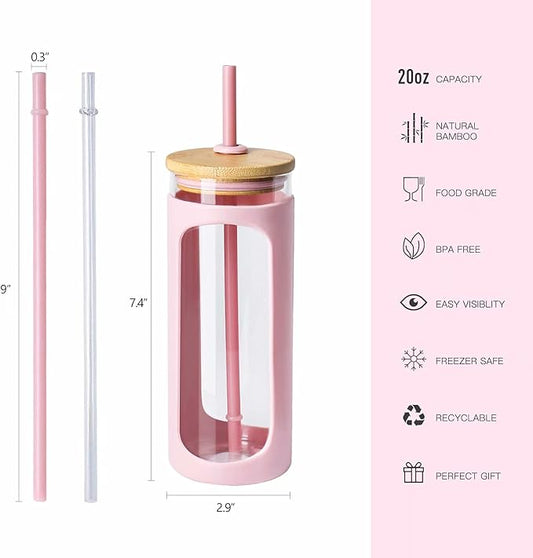 Kodrine 20oz Glass Tumbler with Straw and Lid, Bamboo Lids Water Bottle, Reusable Iced Coffee Cups, Wide Mouth Smoothie Cup with Protective Silicone Sleeve BPA FREE-Pink-2pack