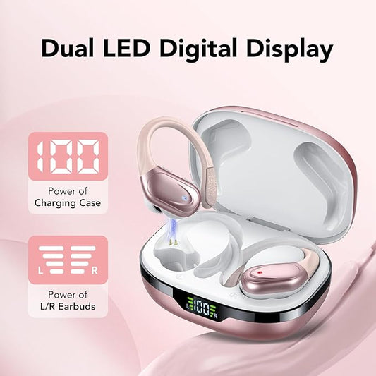Ear buds Wireless Earbuds Bluetooth 5.3 Headphones 60hrs Playtime with Digital Display Sports Wireless Headphones with Earhook Deep Bass IPX7 Waterproof Over-Ear Earbuds for Android iOS Workout Rose