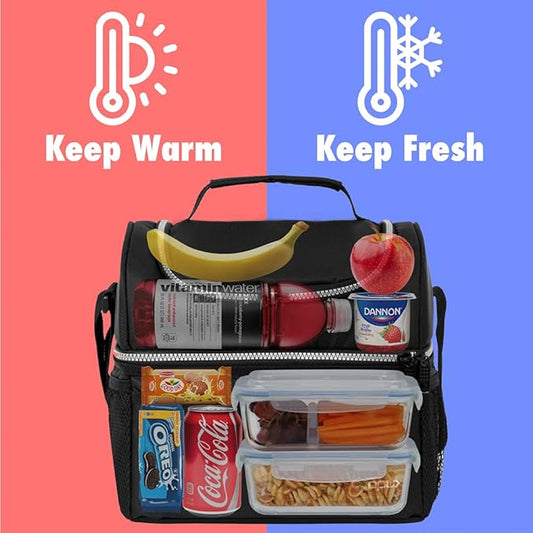 OPUX Lunch Box For Men Women, Insulated Large Lunch Bag Adult Work, Double Decker Lunchbox Meal Prep, Dual Compartment Leakproof Lunch Cooler, Soft Lunch Pail Tote Boys Girls Kids School, Black 16 Can