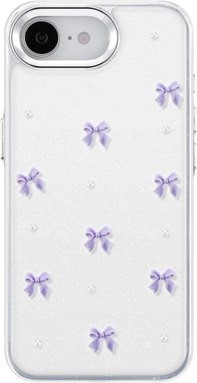 EYZUTAK Case for iPhone 16e, Bling Glitter 3D Bowknot Phone Case Cute Sparkly Crystal Clear Bow Aesthetic Design Cover Slim Soft Durable TPU Transparent Protective Cover for Women Girl - Purple Bow