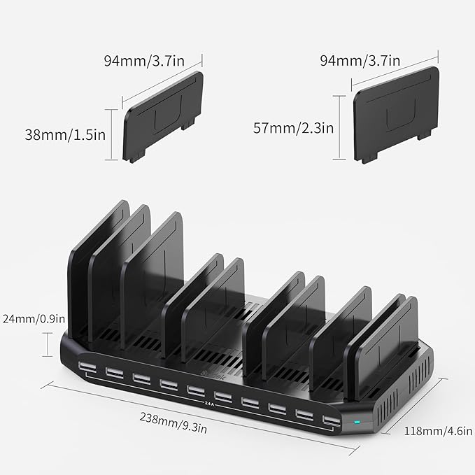 10-Port Multi Charging Station, 60W USB Tablet Charging Station for Multiple Devices, USB Charging Dock Multi Device Charger Organizer with Adjustable Dividers for Tablets, Smartphones