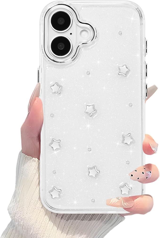 EYZUTAK Case for iPhone 16 Plus, Bling Glitter 3D Stars Phone Case Cute Sparkly Crystal Clear Star Aesthetic Design Case Slim Soft Durable TPU Transparent Protective Cover for Women Girls - Star