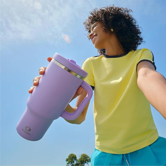 40 oz Tumbler with Handle and Straw: Stainless Steel Insulated Tumbler Keeps Cold for 24 Hours, Leakproof Travel Cup Fits in Cup Holder and BPA-Free, Lavender