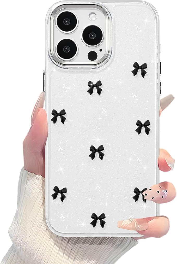 EYZUTAK Case for iPhone 15 Pro Max, Bling Glitter 3D Bowknot Phone Case Cute Sparkly Crystal Clear Bow Aesthetic Design Case Slim Soft Durable TPU Transparent Protective Cover for Women Girl-Black Bow