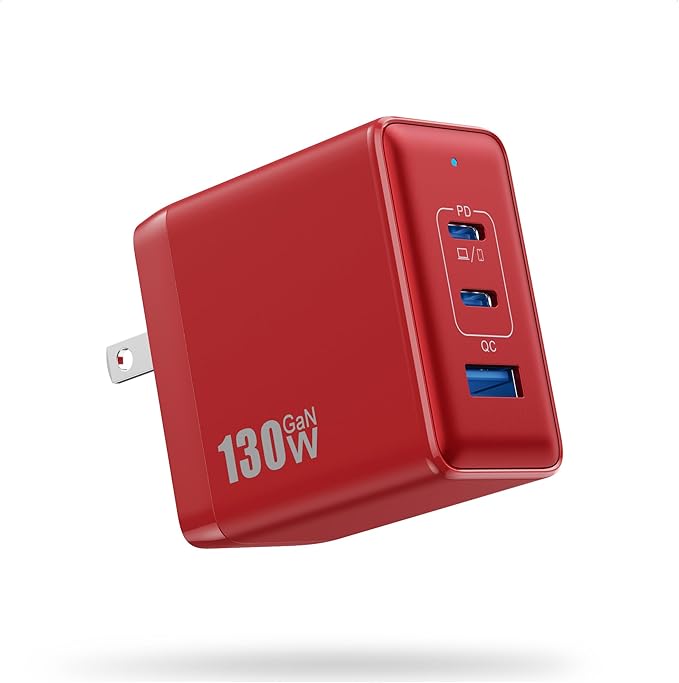 130W USB C Charger Block,3-Port GaN Fast Charger,Compact Foldable Type C Fast Charging Wall Charger,PD QC 65W USB C Laptop Charger for MacBook Pro/Air,iPad Pro,iPhone16/15,Galaxy Series etc(Red)