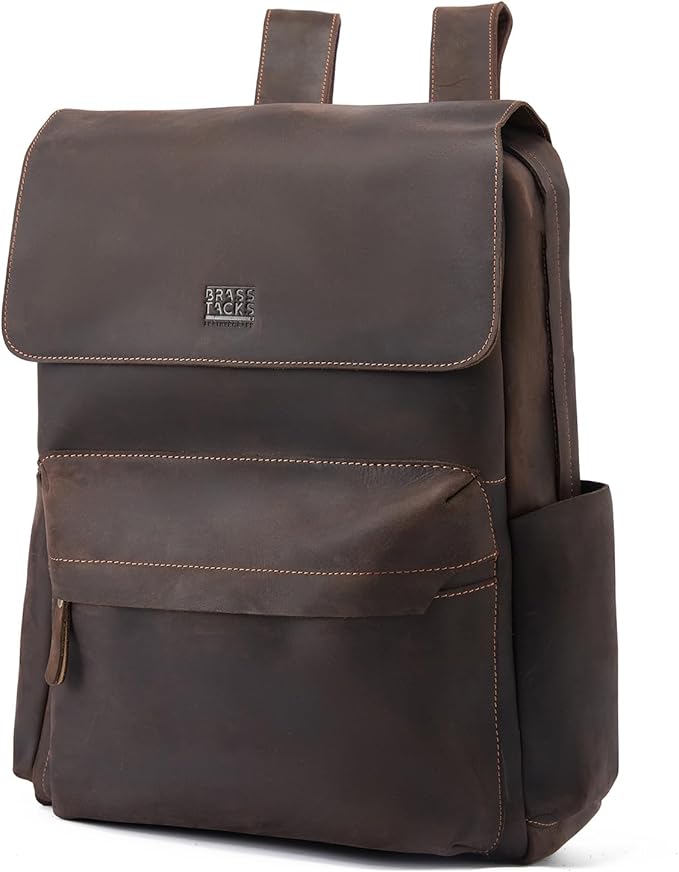 Leather Rucksack Backpack for Men Women Casual Travel Daypack 15.6 inch Laptop Bookbag Dark Brown