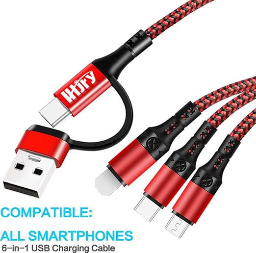 Multi Charging Cable (3Pack,4ft) 6 in 1 USB A/C to USB C/Micro USB/i-P Connector Multiple Charger Cord for Cell Phone/IP/Galaxy/PS/iPads and More