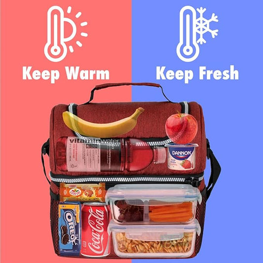 OPUX Lunch Box For Men Women, Insulated Large Lunch Bag Adult Work, Double Decker Lunchbox Meal Prep, Dual Compartment Leakproof Lunch Cooler, Soft Lunch Pail Tote Boys Girls Kids School, Red 16 Cans