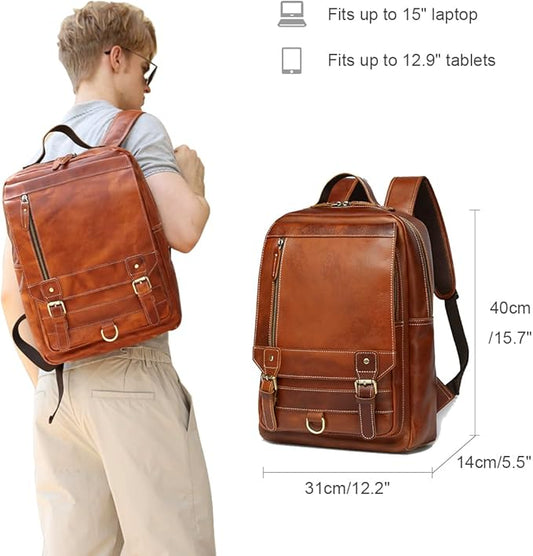 LANNSYNE Vintage Genuine Leather Backpack For Men Fits up to 15" Laptop Travel Hiking Rucksack