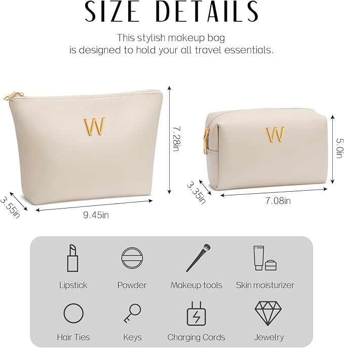 Women Gifts | Initial Makeup Bag Set for Girl Personalized Gifts for Bridesmaid Friend Graduation Teachers PU Leather Cosmetic Travel Toiletry Bag(Beige,W)