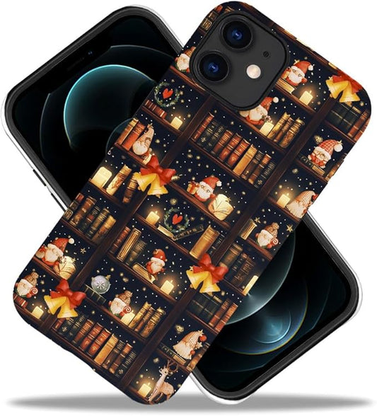 DAIZAG Case Compatible with for iPhone 12,Christmas Santa Claus Bookshelf Bells Phone Case for iPhone 12 for Girl Women Boy Men