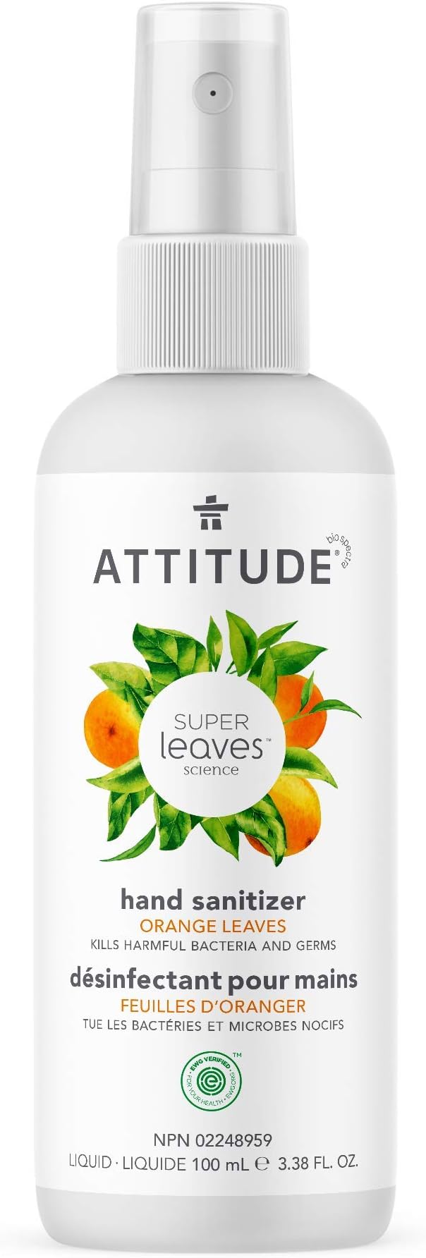 ATTITUDE Hand Sanitizer Spray, EWG Verified, Kills Germs & Bacteria, Vegan & Plant-Based, Safe for Adults & Kids, Orange Leaves Scent, 3.38 Fl Oz (Pack of 6) (Spray Bottle)