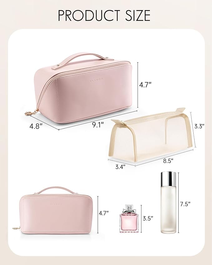 Vlando Makeup Bag,Large Capacity Travel Toiletry Bag,Cosmetic Bags for Women PU Leather Waterproof Portable Pouch with Divider & Handle-Pink