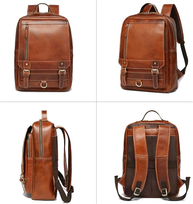 LANNSYNE Vintage Genuine Leather Backpack For Men Fits up to 15" Laptop Travel Hiking Rucksack