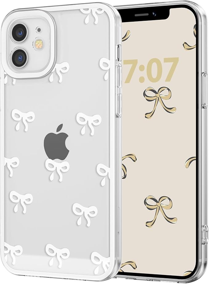 EYZUTAK Case for iPhone 12, Clear Cute Ribbon Bowknot Pattern Aesthetic Transparent Phone Case Raised Camera Protection Stylish Slim Soft Durable TPU Protective Cover for Women Girls - White