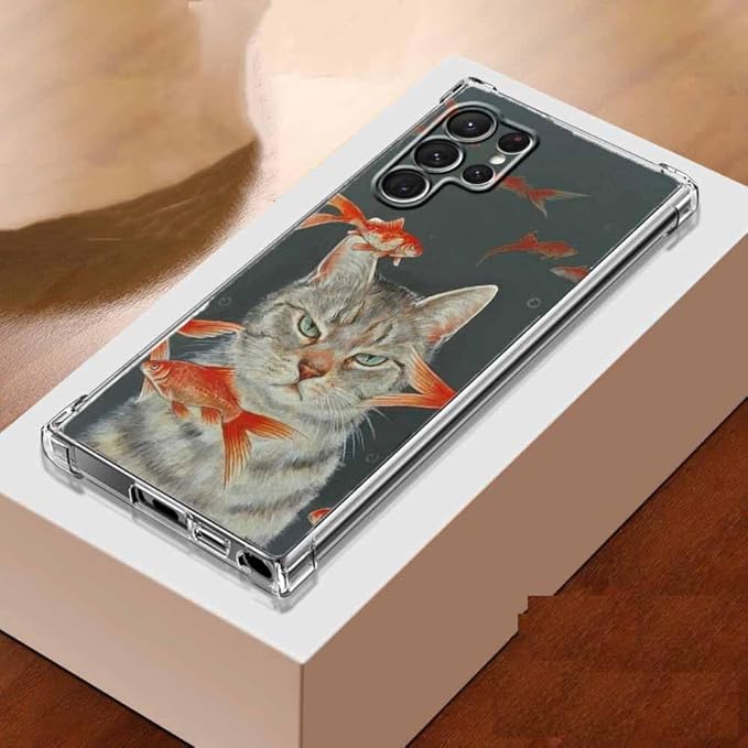 Case for Samsung Galaxy S23 Ultra with Cool Cat Design,Cute Goldfish Pattern for Children,Clear Soft TPU Bumper Phone Cover,6.8"(Cat,S23U)