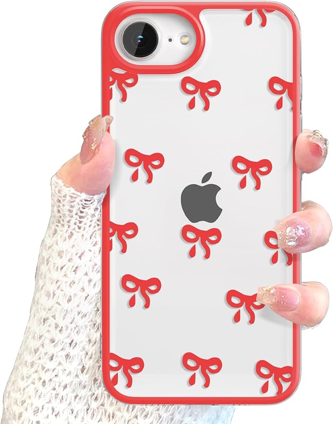 EYZUTAK Case for iPhone 16e, Clear Cute Ribbon Bowknot Pattern Aesthetic Transparent Phone Case Raised Camera Protection Stylish Slim Soft Durable TPU Protective Cover for Women Girls - Red