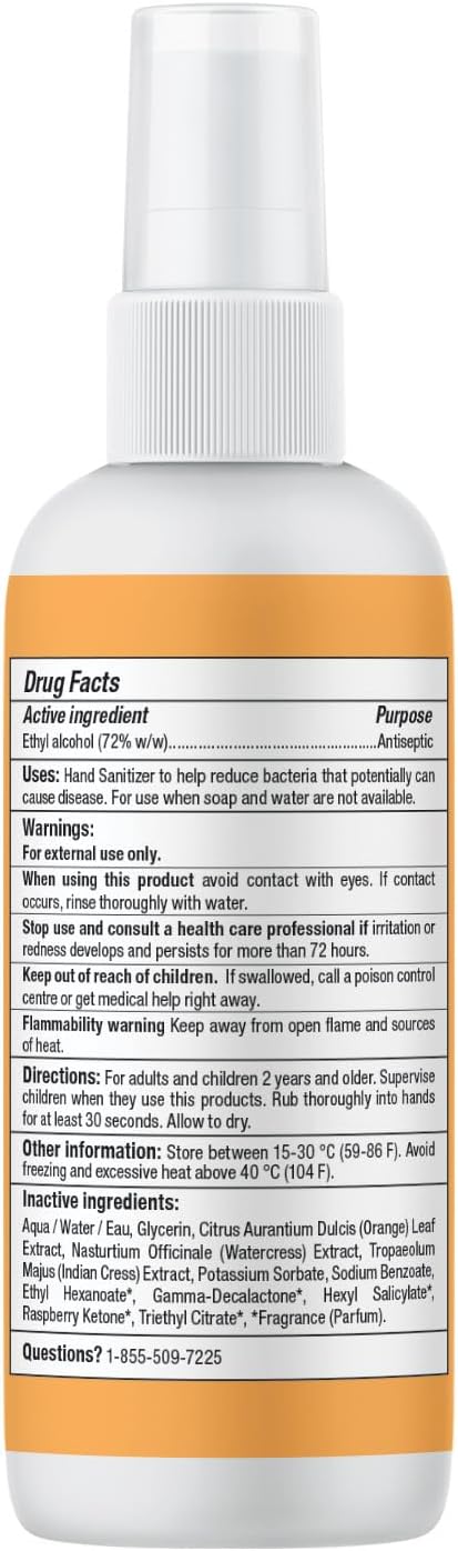 ATTITUDE Hand Sanitizer Spray for Adults and Kids, EWG Verified, Kills Bacteria and Germs, Vegan, Orange Leaves, 3.38 Fl Oz (Spray Bottle)