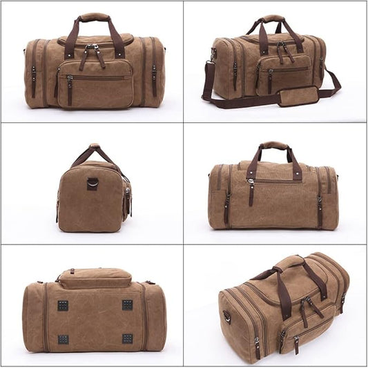 Duffle Bag for Travel, Large Canvas Duffel Bag for Travelling Overnight Weekender Bag Carry On Bag for Men Women Coffee