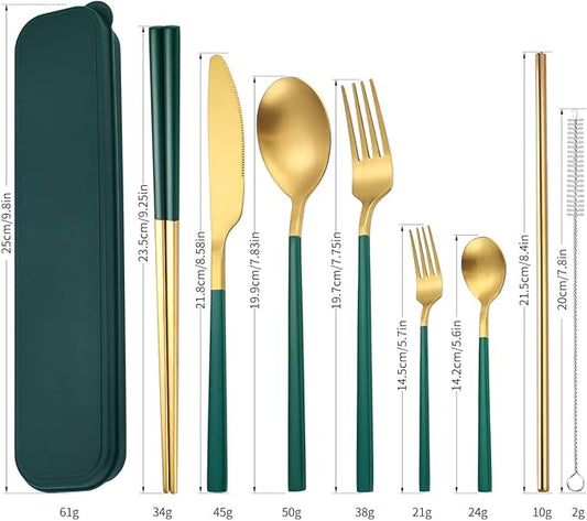 AARAINBOW 6 Pieces Stainless Steel Flatware Set Portable Reusable Cutlery Set Travel Utensils Set Including Chopsticks Knife Fork Spoon Straws Cleaning Brush Dishwasher Safe (B-Green golden)