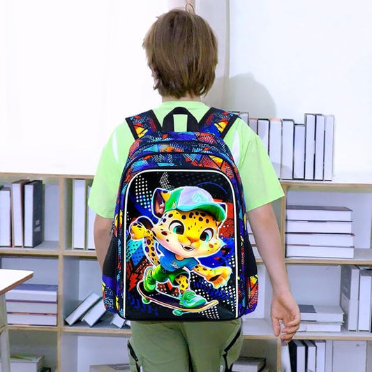 CCJPX 3PCS Kids Backpack for Boys, 16 Inch Panther Water Resistant Preschool Bookbags, Cool Leopard Kindergarten School Backpacks and Lunch Box