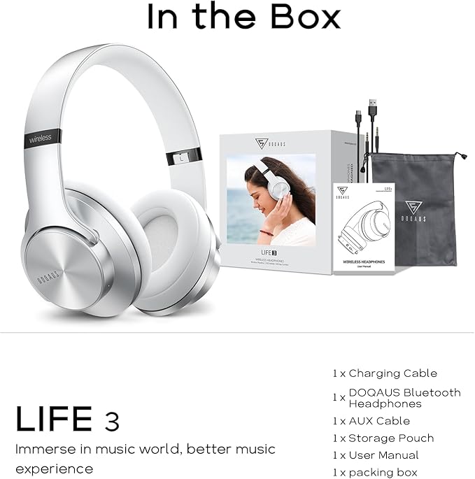 DOQAUS Bluetooth Headphones Over Ear, 90H Playtime Wireless, 3 EQ Modes, HiFi Audio & Deep Bass, ENC Noise Isolating Mic, Soft Earpads for Phone/PC