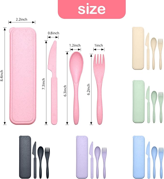 Reusable Travel Utensils Set with Case, 6 Sets Wheat Straw Portable Knife Fork Spoons Cutlery, Eco-Friendly BPA Free Plastic Tableware for Kids Adults Travel Picnic Camping Utensils