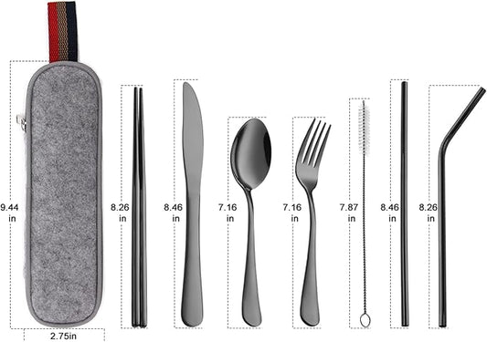 DEVICO Portable Utensils, Travel Camping Cutlery Set, 8-Piece including Knife Fork Spoon Chopsticks Cleaning Brush Straws Portable Case, Stainless Steel Flatware set (Black)